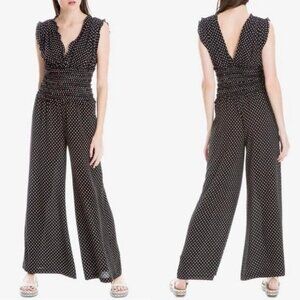 Max Studio Jumpsuit Size S Womens Black Polka Dot Smocked Waist V-Neck Wide Leg